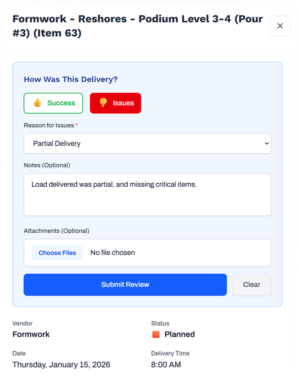 Delivery performance record screenshot